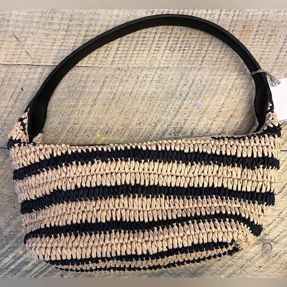 a new day Handbags - A New Day Straw Shoulder Bag Black Tan Woven Stripe Ethically Handcrafted